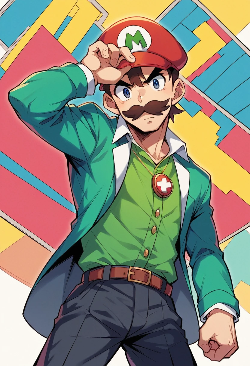 Red Yoshi with puffy mustache wearing Mario's hat, anime, rough lines, trending on ArtStation, Nintendo, Yoichi Kotabe, solo character, vibrant colors, highres, detailed, anime style, iconic hat, cute design, professional, cartoon, bright and colorful, artistic shading
