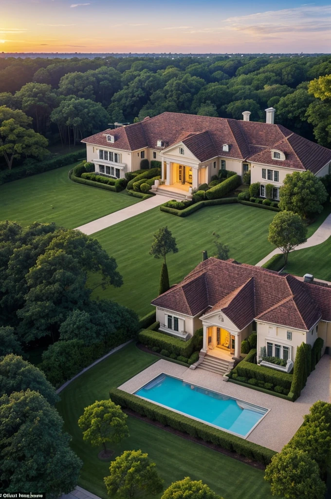 A stunning aerial view of a luxurious 56-room mansion with a small satellite dish. The grand estate features a spacious outdoor pool, a large terrace, and lush green gardens. The house has a modern architectural design with floor-to-ceiling windows, allowing natural light to fill the interior. The background sky is filled with a beautiful golden sunset, casting a warm glow over the entire property.