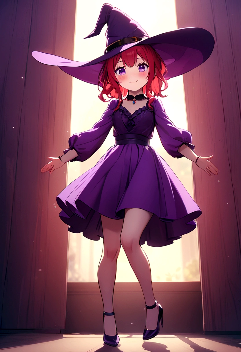cute redhead girl, with long red hair, purple eyes, purple shirt, dark purple skirt, purple witch hat, purple heels, cute smile, blushing