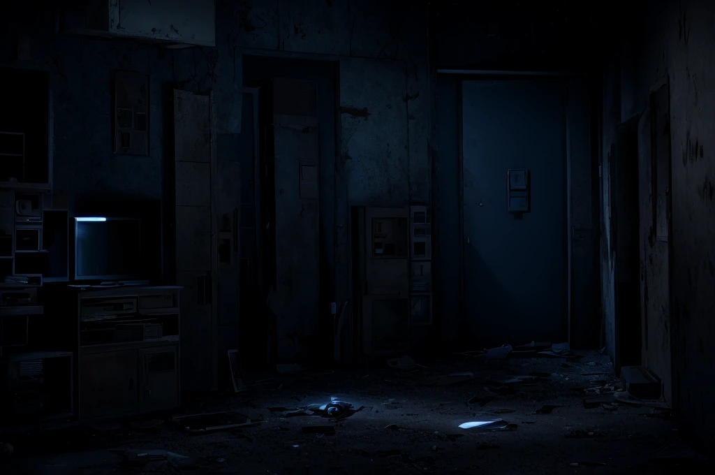 please draw an abandoned, nighttime setting. a security room with 8 monitors/TV's, a door opening (without door) on the left and another on the right. Some old stuffed animals lying around and no person in the scene. too dark. camera look to monitors