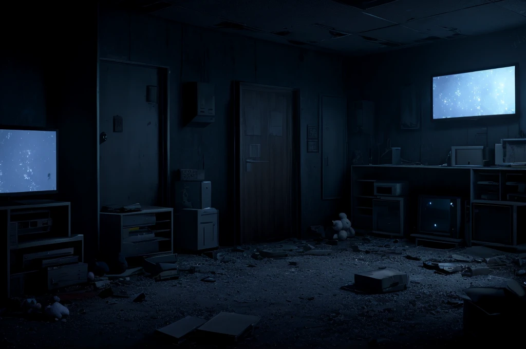please draw an abandoned, nighttime setting. a security room with 8 monitors/TV's, a door opening (without door) on the left and ther on the right. Some old stuffed animals lying around and no person in the scene. too dark. camera look to monitors