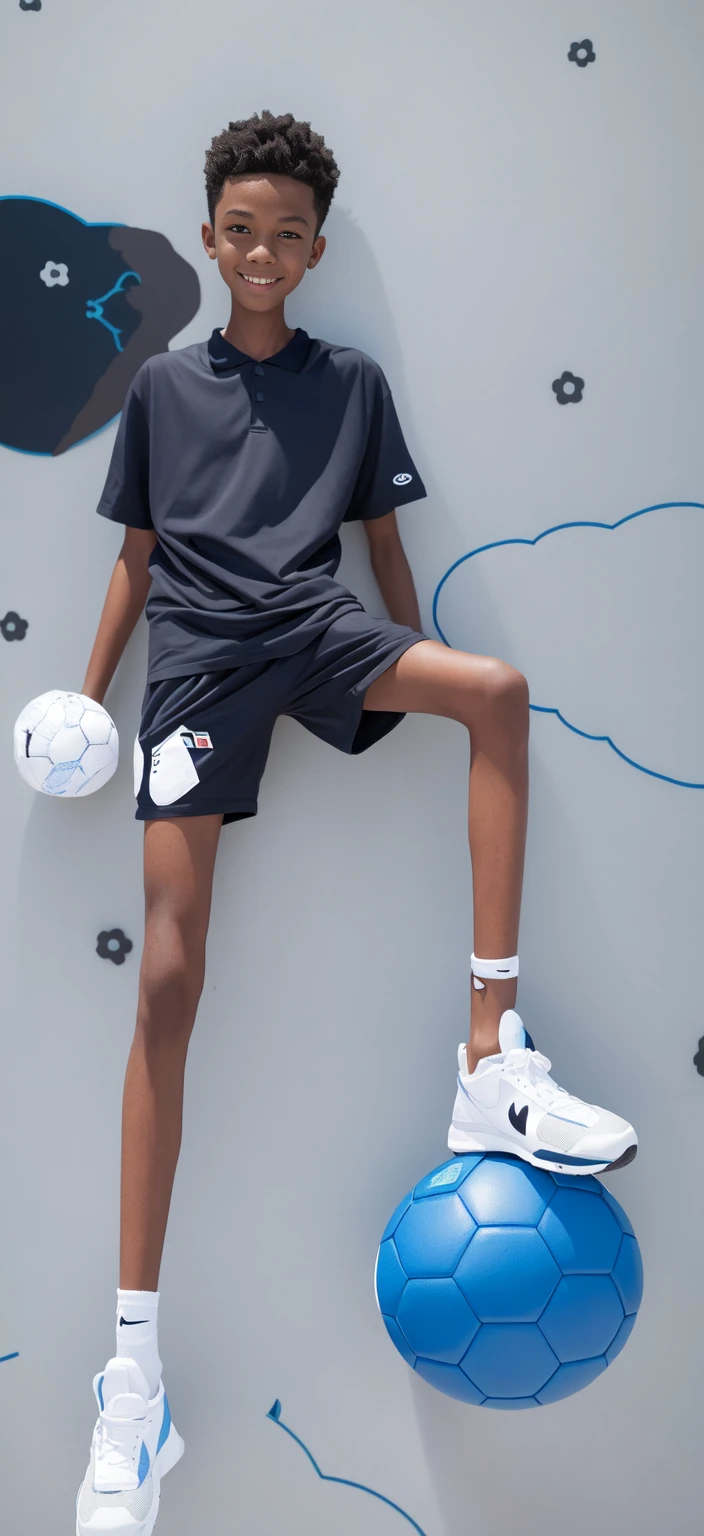 14 year old boy,(Wearing white tennis clothes,Black socks on feet),Dark skin,Big round eyes,Very short hair,Tall and skinny,Toothy Smile,Sharpen details,Knee muscle lines,Blue Background