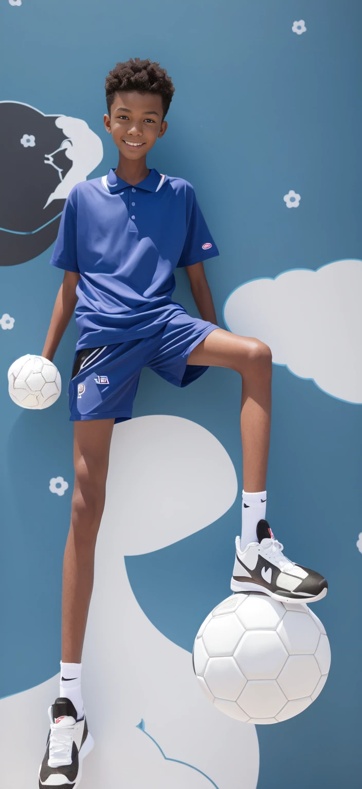 14 year old boy,(Wearing white tennis clothes,Black socks on feet),Dark skin,Big round eyes,Very short hair,Tall and skinny,Toothy Smile,Sharpen details,Knee muscle lines,Blue Background