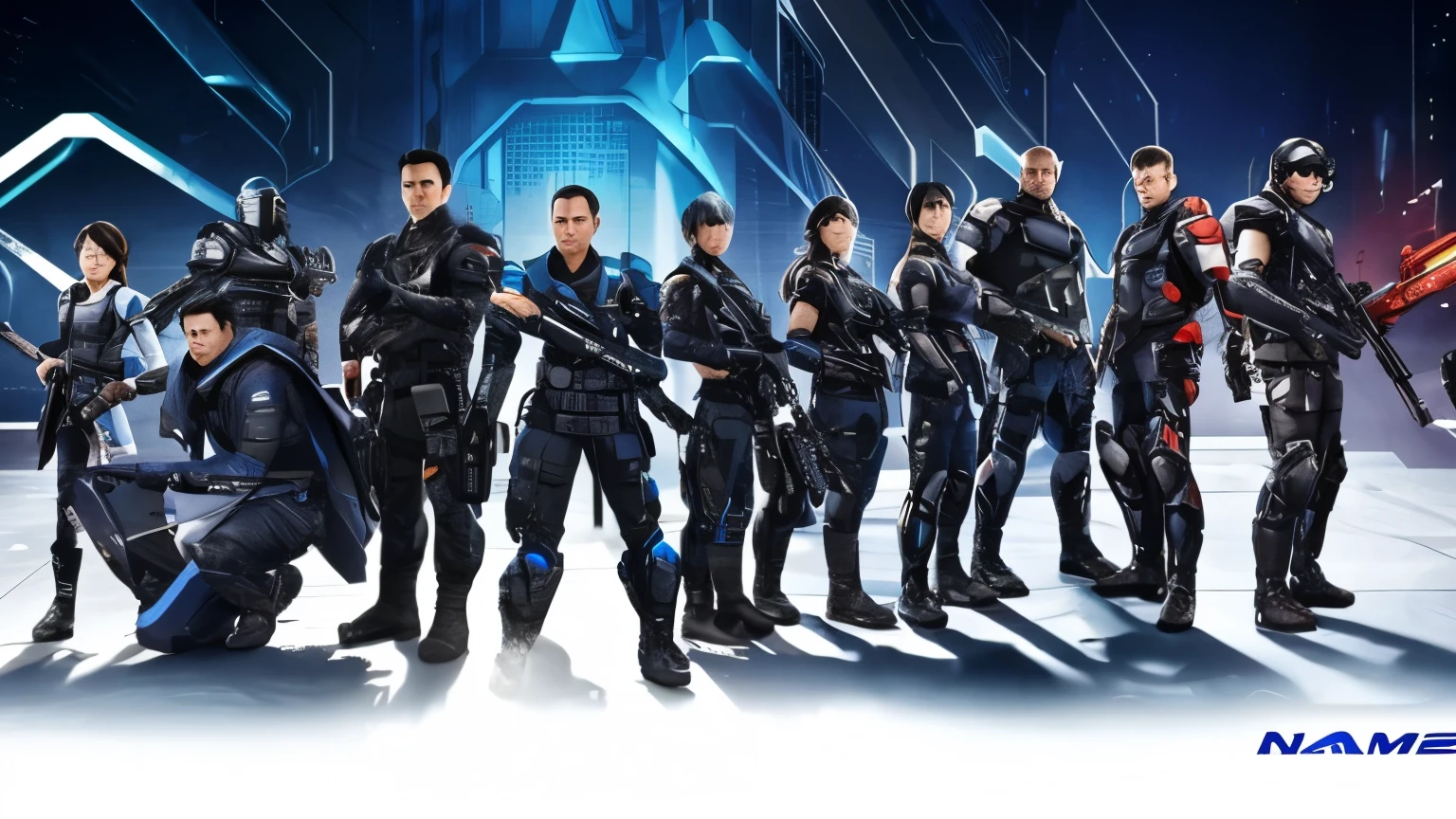 DreamNet Guardian Team 、technomancer、 Serious expression、 Neatly equipped 、High-tech protective gear 、Team collaboration 、Guard the mission  、future、 Advanced communication equipment、Different faces、stand in a line、credibly