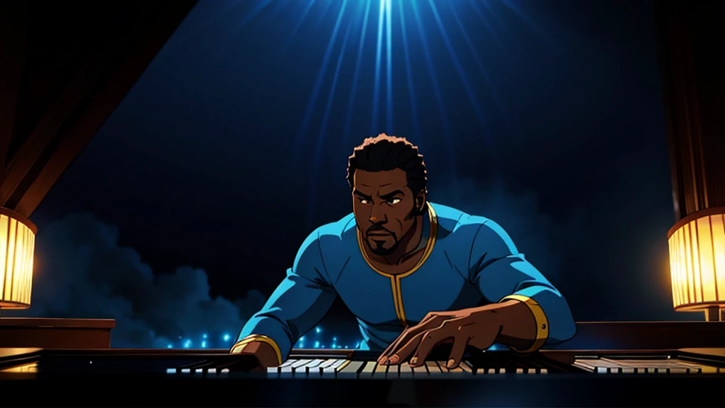 1970s, black man playing a piano, psychedelic atmosphere, cinematic action, masterpiece, super detail, textured skin, atmospheric perspective,