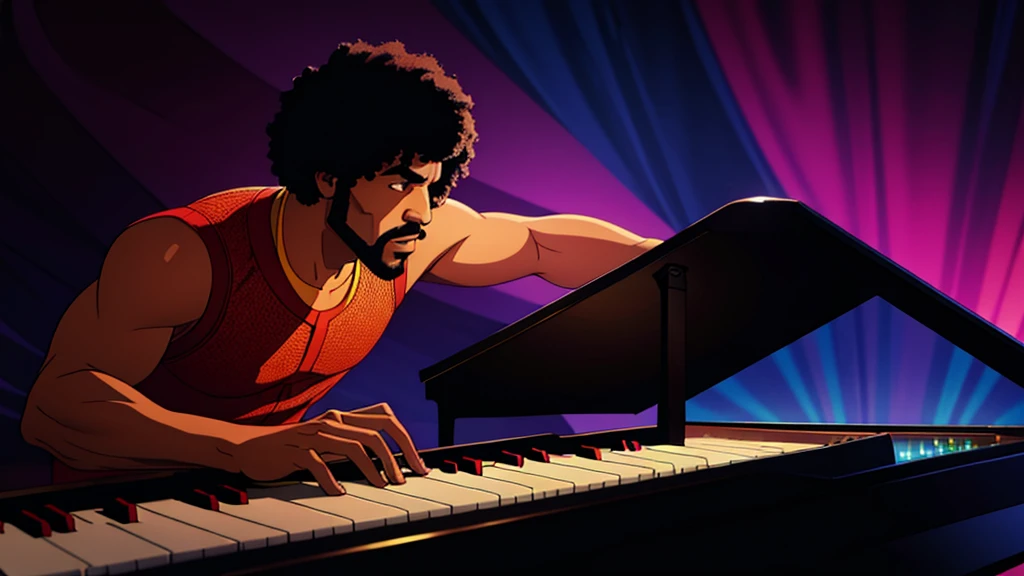 1970s, black man playing a piano, psychedelic atmosphere, cinematic action, masterpiece, super detail, textured skin, atmospheric perspective,