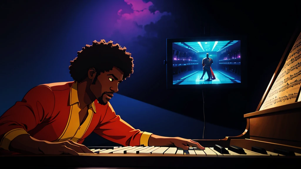 1970s, black man playing a piano, psychedelic atmosphere, cinematic action, masterpiece, super detail, textured skin, atmospheric perspective,