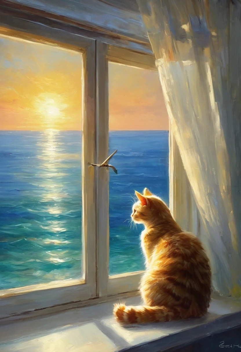 An oil painting,Great view from the window,sunrise,Ocean,horizon,peaceful,Cat on the windowsill