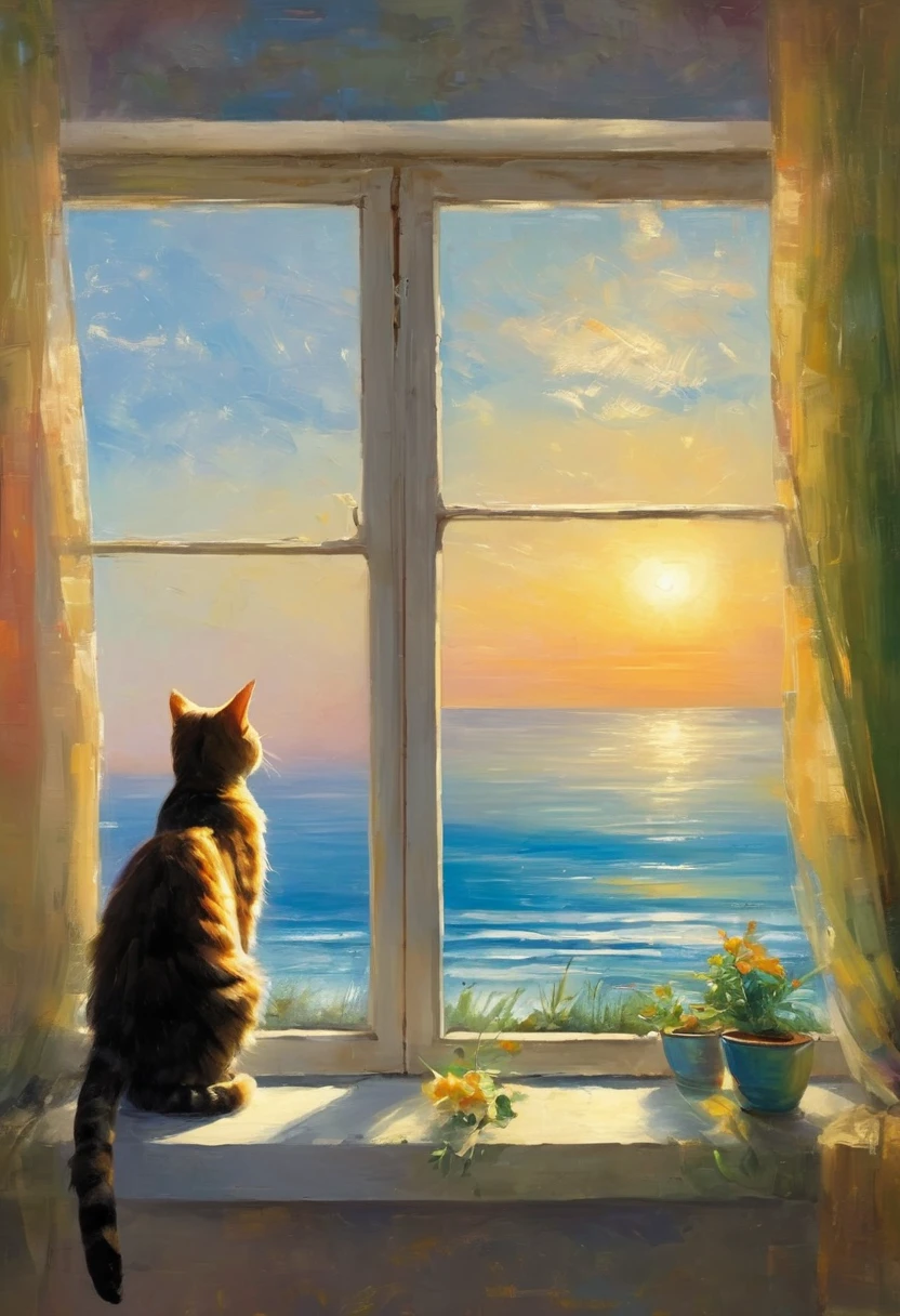 An oil painting,Great view from the window,sunrise,Ocean,horizon,peaceful,Cat on the windowsill