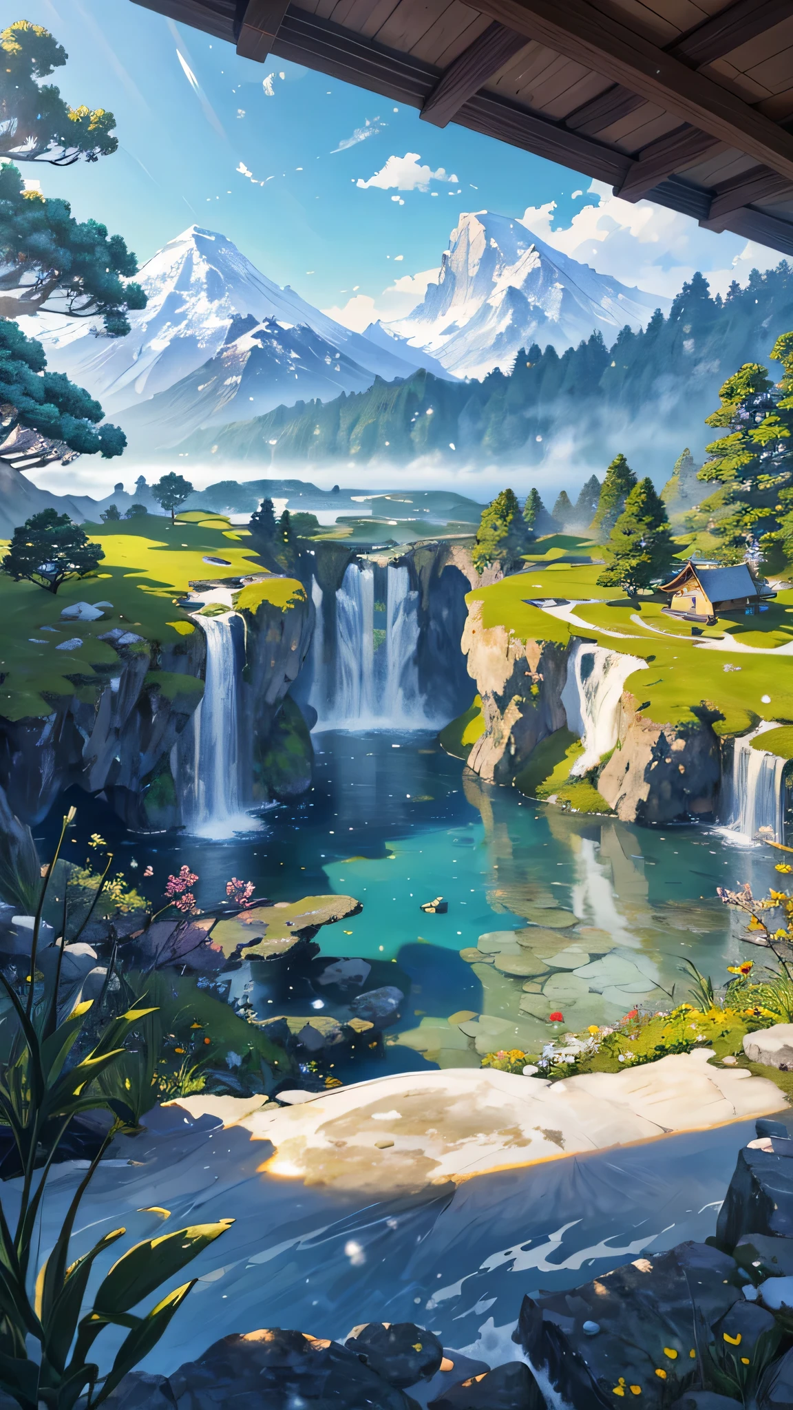 masterpiece, Tranquil scenery, Snowy peaks towering,Overlooking the lush grassland, The clear water reflects the stunning scenery, Extremely detailed, Practical, Dynamic Lighting, high resolution, Sharp focus, Immersive Depth of Field, Complex textures of vegetation and water, The morning sun casts long shadows, Disturbing tranquility and peace, Inspired by Monet or Hokusai.