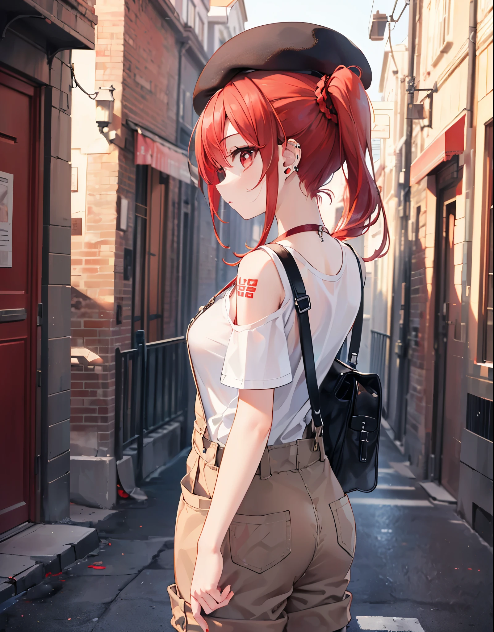 (Close-up:1.3),Realistic,Highest quality, Ultra Detail, High-quality CG rendering, The most delicate and beautiful, Floating softly, High resolution, (1 girl), (Highest quality,4K,8K,masterpiece:1.2),(All red hair:1.5), (ponytail:1.5),(Red eyes:1.5),(Slightly larger breasts:1.2), (Beige overalls:1.3),(Pure white inner T-shirt:1.3),(Black boots:1.3)、(Brown Beret:1.3)、Piercing in left ear,In the city,old buildings,(whole body:1.3),(Turn your back to your audience:1.3),Butt,Are standing,(Small shoulder bag:1.3)