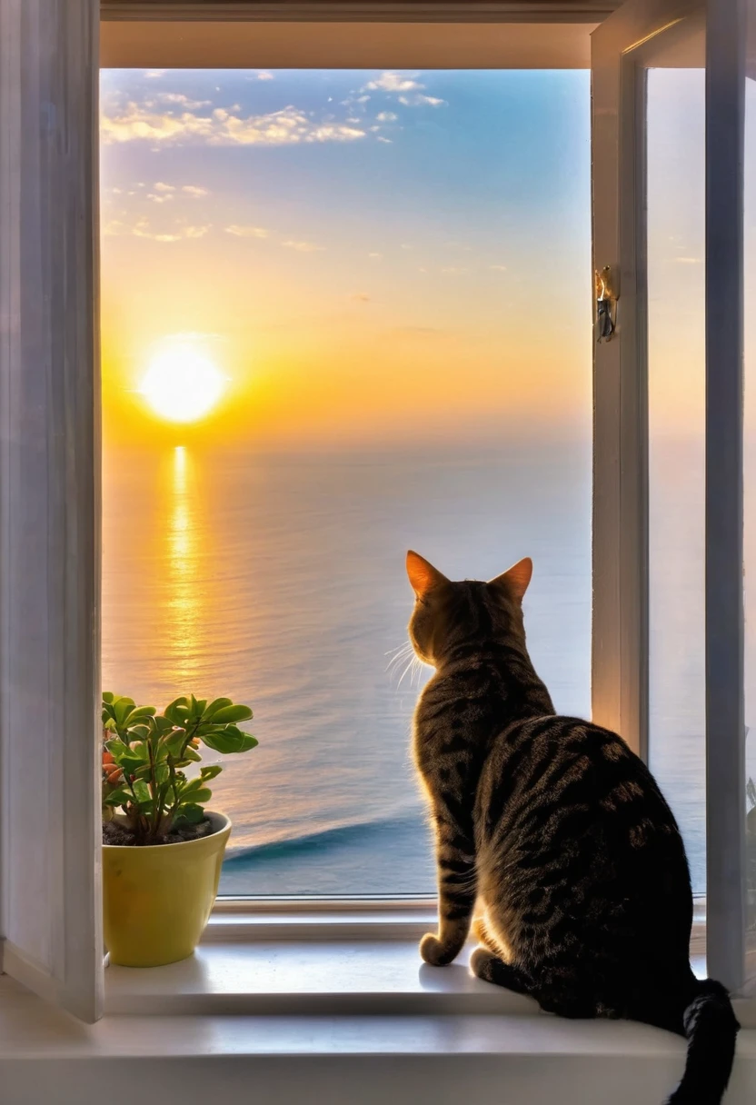 Great view from the window，sunrise，Ocean，horizon，peaceful，Cat on the windowsill