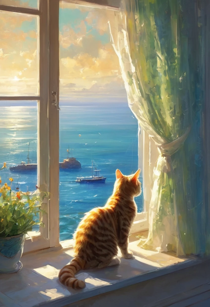 Great view from the window，sunrise，Ocean，horizon，peaceful，Cat on the windowsill