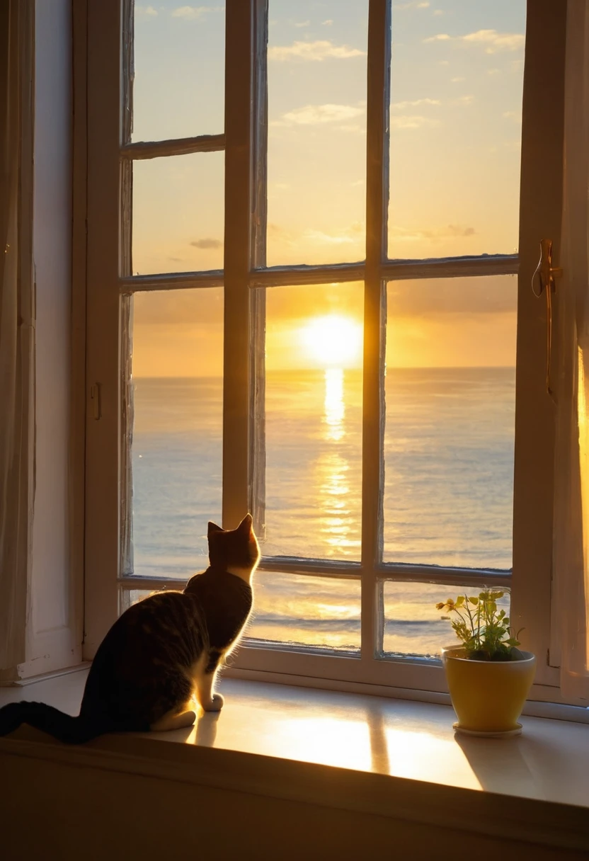 Great view from the window，sunrise，Ocean，horizon，peaceful，Cat on the windowsill