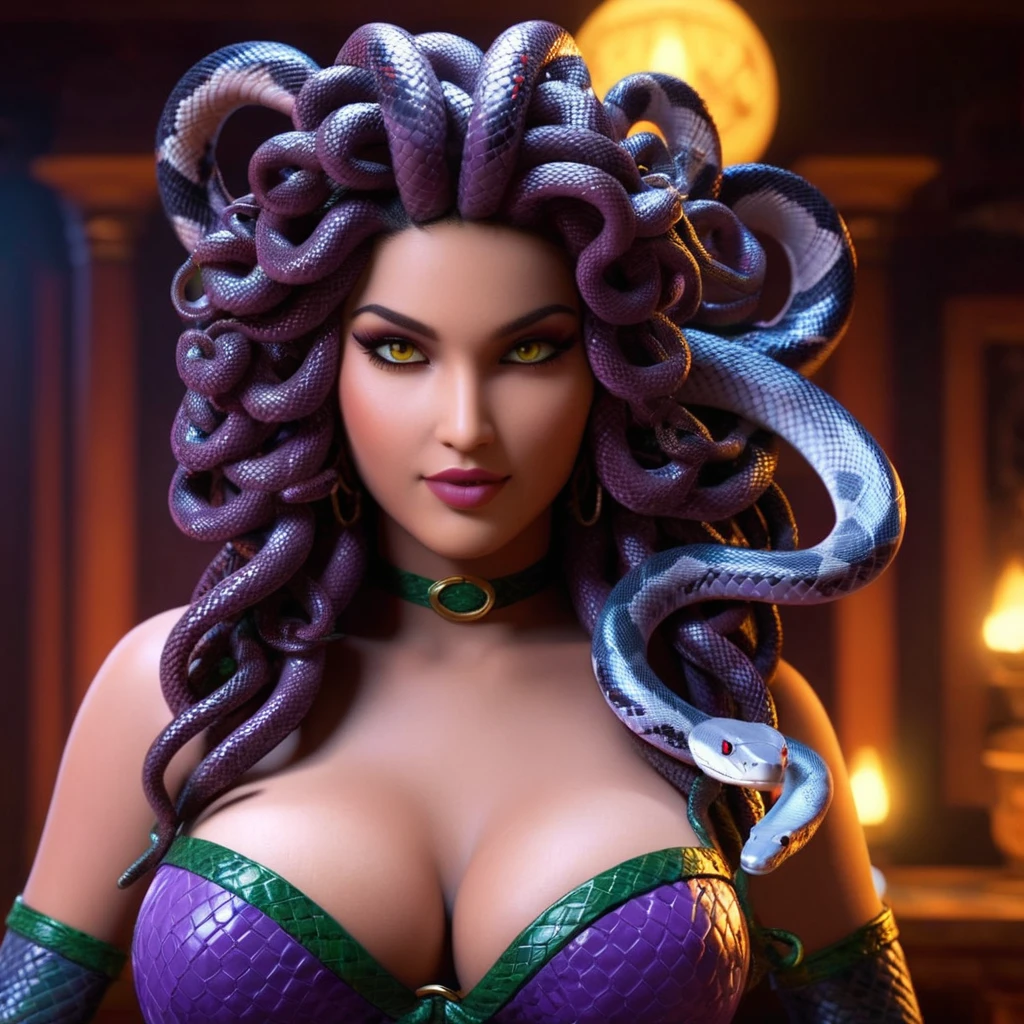 a beautiful sexy medusa, 1girl, hyper-detailed, high quality, 8k, photorealistic, intricate details, detailed face, beautiful eyes, detailed lips, long eyelashes, mesmerizing gaze, snake hair, large breasts, seductive smile, sensual pose, garter belt, stockings, indoor setting, dramatic lighting, vivid colors, cinematic composition