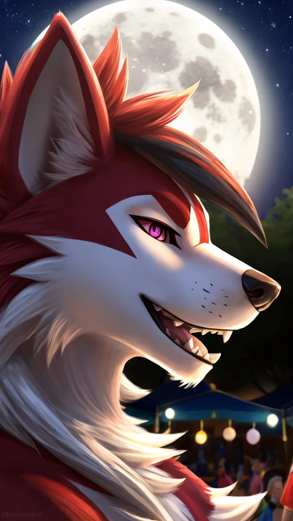 midnight Lycanroc, summer, festival, full moon, subtle smile, bust shot