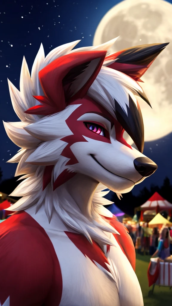 midnight Lycanroc, summer, festival, full moon, subtle smile, bust shot