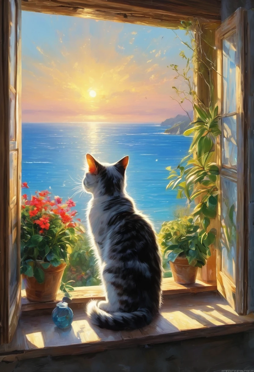 A beautiful landscape oil painting, sunrise over the sea, calm peaceful horizon, silhouette of a cat on the windowsill, intricate details, vibrant colors, warm lighting, photorealistic, (best quality,4k,8k,highres,masterpiece:1.2),ultra-detailed,(realistic,photorealistic,photo-realistic:1.37),HDR,UHD,studio lighting,ultra-fine painting,sharp focus,physically-based rendering,extreme detail description,professional,vivid colors,bokeh