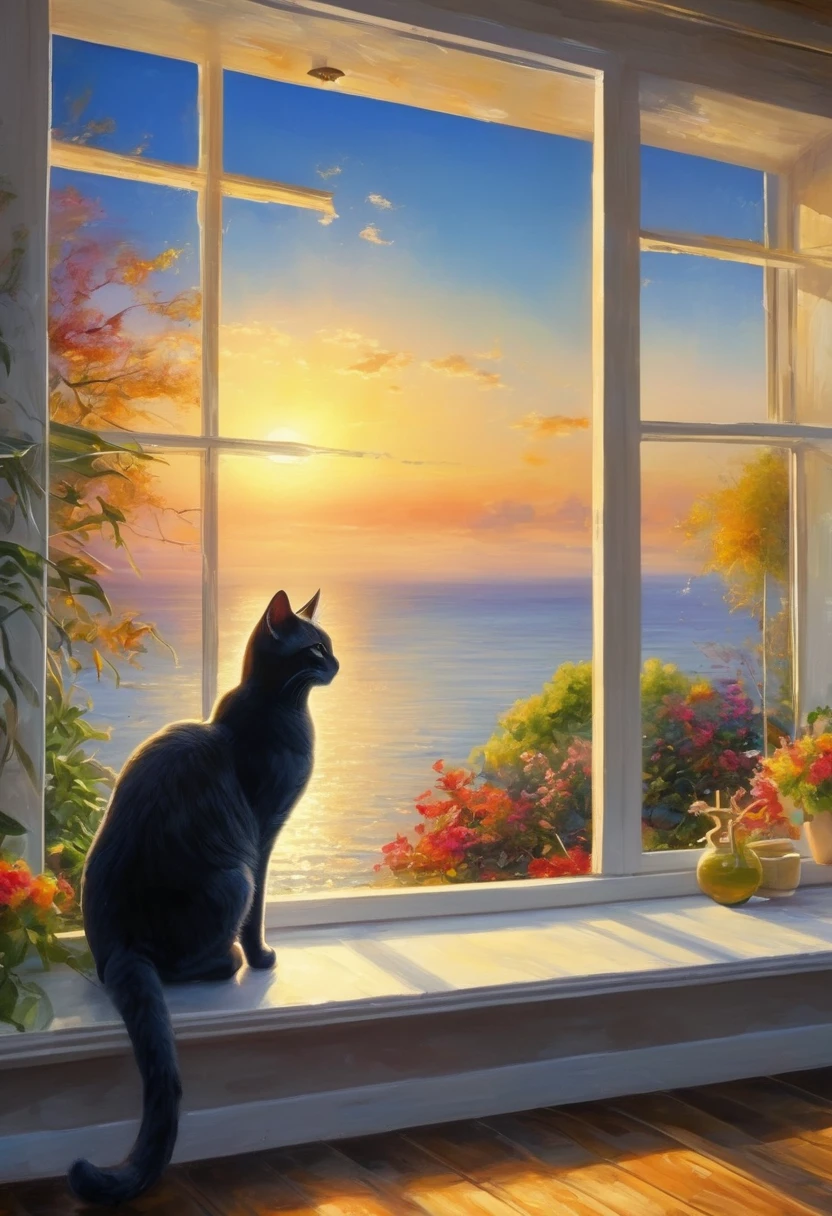 A beautiful landscape oil painting, sunrise over the sea, calm peaceful horizon, silhouette of a cat on the windowsill, intricate details, vibrant colors, warm lighting, photorealistic, (best quality,4k,8k,highres,masterpiece:1.2),ultra-detailed,(realistic,photorealistic,photo-realistic:1.37),HDR,UHD,studio lighting,ultra-fine painting,sharp focus,physically-based rendering,extreme detail description,professional,vivid colors,bokeh