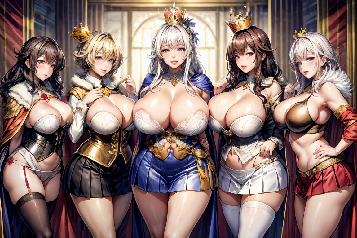 Multiple Girls, Group photo, line up, Harem, (Seven Girls), (Ultra 8K CG, picture-perfectionな顔, perfectionな顔, Beautiful Face, masterpiece, high quality, 最high quality, perfection, clean, Professional artwork, Famous works of art), Improve, supply, BREAK Hair Ornament Net, Shiny skin, (Underbust), belly button, abdomen, Hands on hips, miniskirt, pleated skirt, (goddess:1.2), White clothes, Removable sleeve, Transparent clothes, skirt, latex, Grin, Grin, very thick lips, Very long eyelashes, (Huge breasts), (Chubby, plump), Big Belly, (Pussy juice), Galaxy Background, (Crown, Luxurious royal blue cape, White fur, gem, Decorations, royal coat of arms, Take Scepter:1.5)