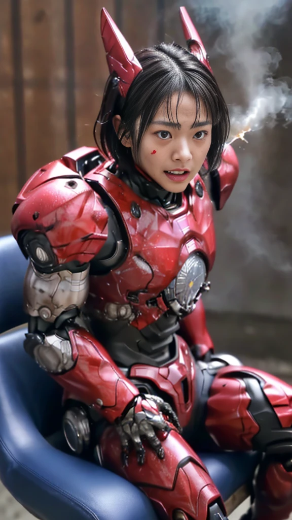 Rough skin, Very detailed, Advanced Details, high quality, 最high quality, High resolution, 1080P 、、Red Armor、Wearing red and black、cute((During a break))(Wearing a damaged female robot suit...)(Red Armor)(Broken Armor)Black Hair、、Soaking wet、Very short hair Sweaty face、Beautiful Face、Hot look knock down、よだれing from the mouth、Elementary school girl (Steam coming out of the face) ((Steam from the body)) Sit on a chair Filming location I can see the vagina Open the crotch to the front Look up