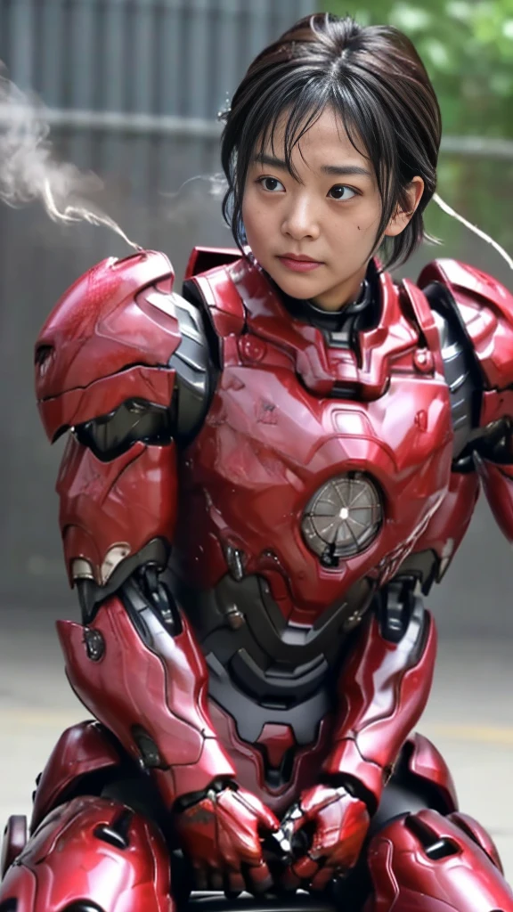 Rough skin, Very detailed, Advanced Details, high quality, 最high quality, High resolution, 1080P 、、Red Armor、Wearing red and black、cute((During a break))(Wearing a damaged female robot suit...)(Red Armor)(Broken Armor)Black Hair、、Soaking wet、Short Hair Sweaty face、Beautiful Face、cute、knock down、よだれing from the mouth、Elementary school girl (Steam coming out of the face) ((Steam from the body)) Sit on a chair Filming location I can see the vagina Open the crotch to the front Look up