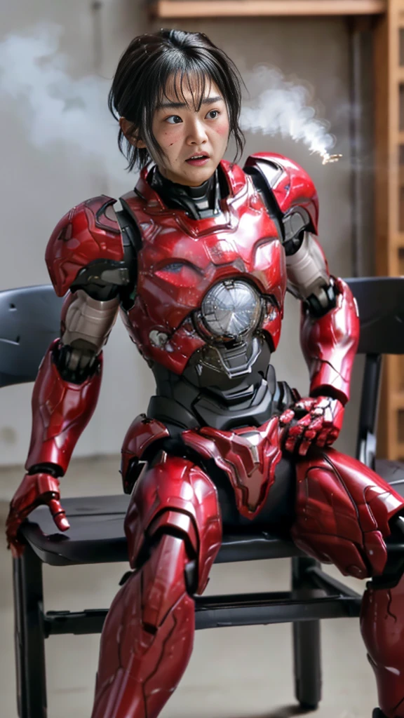 Rough skin, Very detailed, Advanced Details, high quality, 最high quality, High resolution, 1080P 、、Red Armor、Wearing red and black、cute((During a break))(Wearing a damaged female robot suit...)(Red Armor)(Broken Armor)Black Hair、、Soaking wet、Short Hair Sweaty face、Beautiful Face、cute、knock down、よだれing from the mouth、 (Steam coming out of the face) ((Steam from the body)) Sit on a chair Filming location I can see the vagina Open the crotch to the front Look up