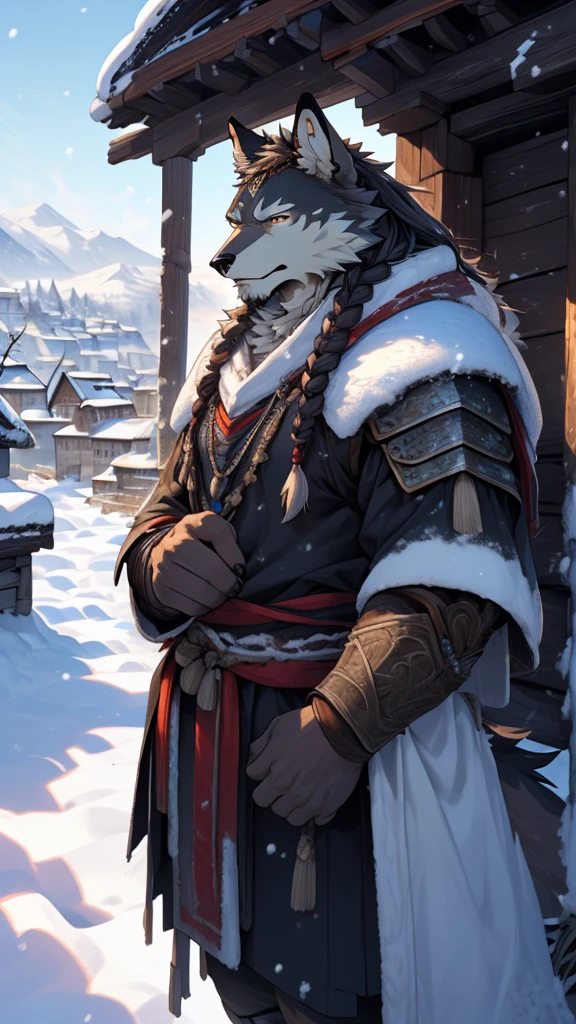 (photorealistic:1.4), 8k, (masterpiece), best quality, highest quality, (highly detailed fur:1.5), (detailed face:1.5), (realistic eyes), original, highres, unparalleled masterpiece, ultra realistic 8k, perfect artwork, grey wolf, male, middle aged, (general:1.2), armor, scars, long hair, braided hair, white braids, cold northern environment, (snowy:1.2), (ruins of snow-covered village:1.3), (search and rescue operation:1.2), frostbite