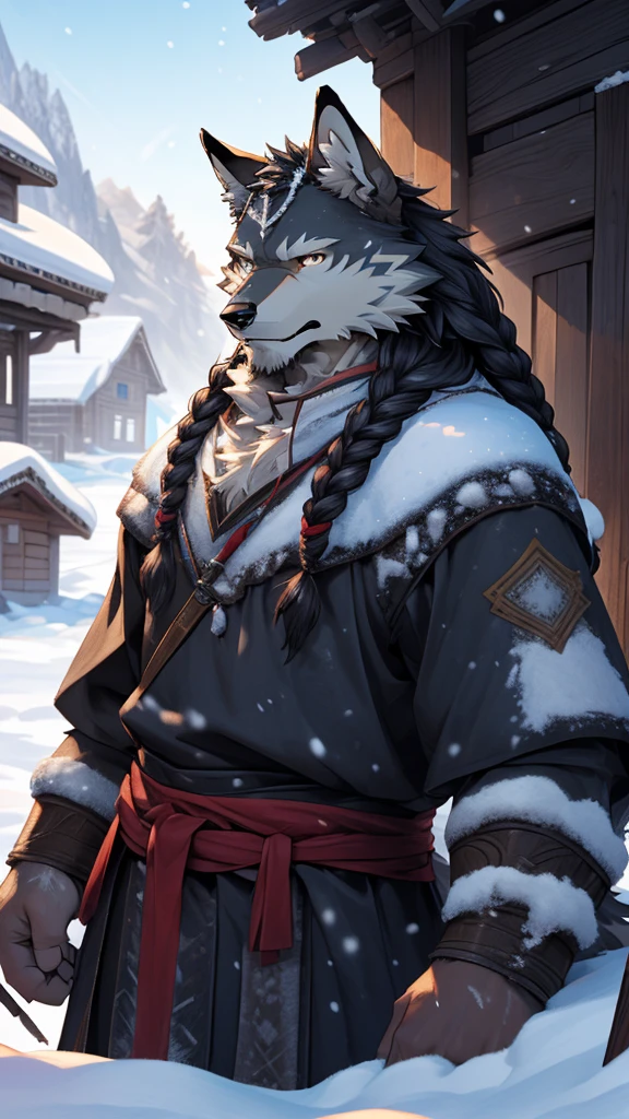 (photorealistic:1.4), 8k, (masterpiece), best quality, highest quality, (highly detailed fur:1.5), (detailed face:1.5), (realistic eyes), original, highres, unparalleled masterpiece, ultra realistic 8k, perfect artwork, grey wolf, male, middle aged, (general:1.2), armor, scars, long hair, braided hair, white braids, cold northern environment, (snowy:1.2), (ruins of snow-covered village:1.3), (search and rescue operation:1.2), frostbite