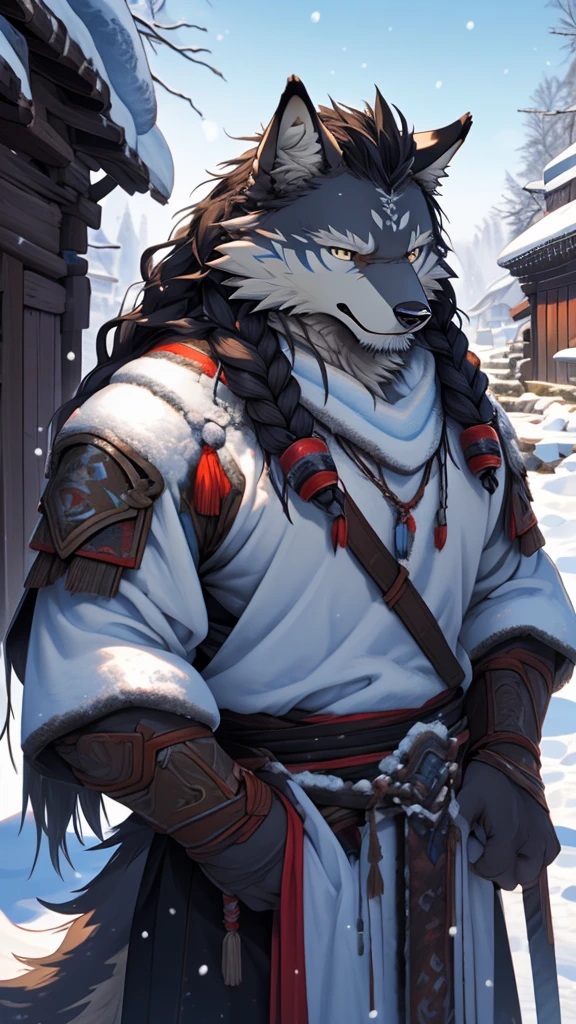 (photorealistic:1.4), 8k, (masterpiece), best quality, highest quality, (highly detailed fur:1.5), (detailed face:1.5), (realistic eyes), original, highres, unparalleled masterpiece, ultra realistic 8k, perfect artwork, grey wolf, male, middle aged, (general:1.2), armor, scars, long hair, braided hair, white braids, cold northern environment, (snowy:1.2), (ruins of snow-covered village:1.3), (search and rescue operation:1.2), frostbite