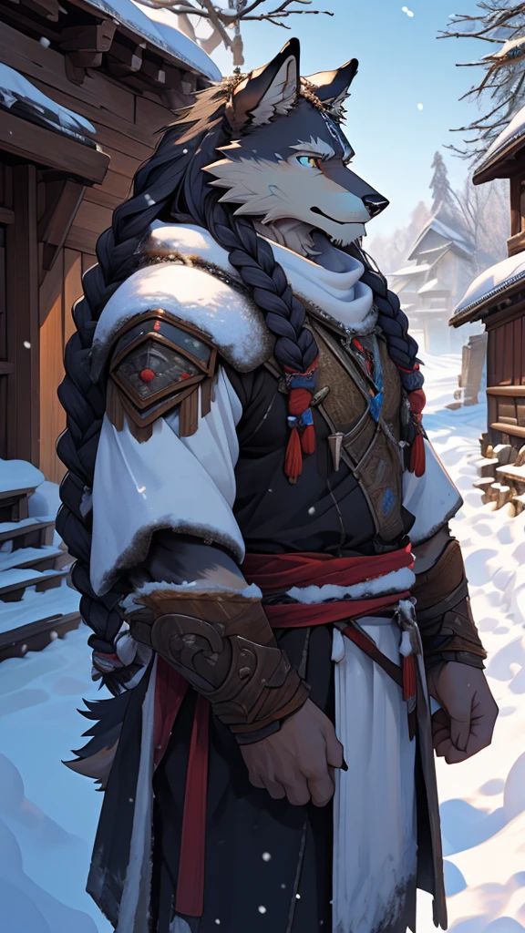 (photorealistic:1.4), 8k, (masterpiece), best quality, highest quality, (highly detailed fur:1.5), (detailed face:1.5), (realistic eyes), original, highres, unparalleled masterpiece, ultra realistic 8k, perfect artwork, grey wolf, male, middle aged, (general:1.2), armor, scars, long hair, braided hair, white braids, cold northern environment, (snowy:1.2), (ruins of snow-covered village:1.3), (search and rescue operation:1.2), frostbite