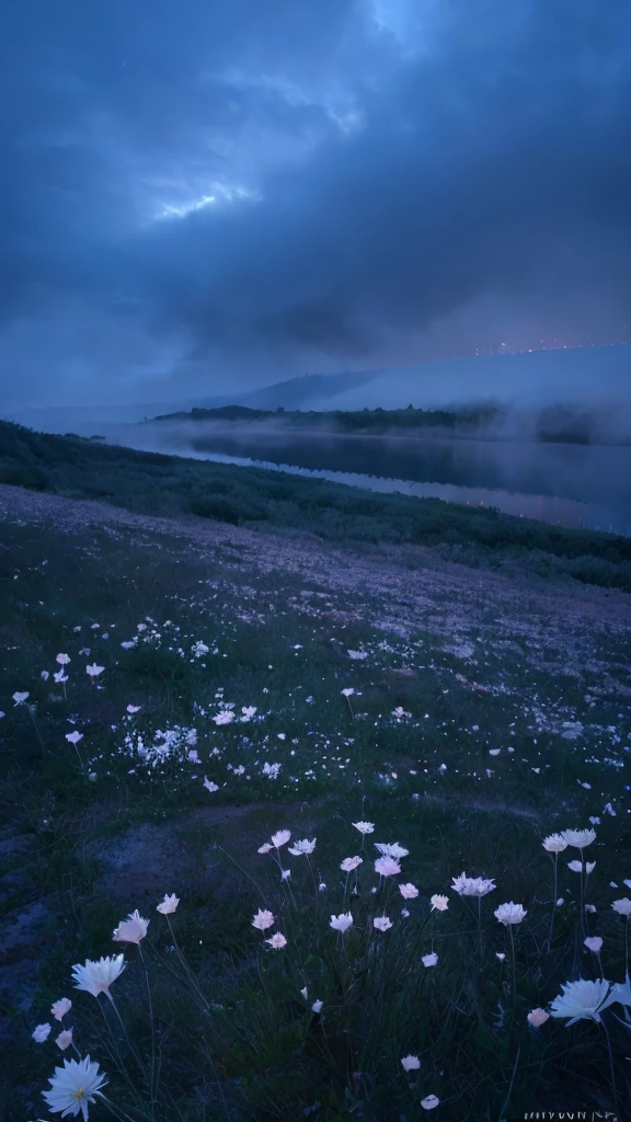 masterpiece of materpieces, PHOTOREALITIC, DENSE MIST. Smokey skies cast eerie light in the Anthropocene on a lake surrounded by cherry blossom trees, snow falling, pink dandelions covered in snow in enchanted forest, heavy mist and fog over the lake, fairy tale vibes, petals floating, dreamy looking, Sun burning like fire. Stars on the sky. Field filled with white flowers. PHOTOREALISTIC and cinematic. Nikon Z9