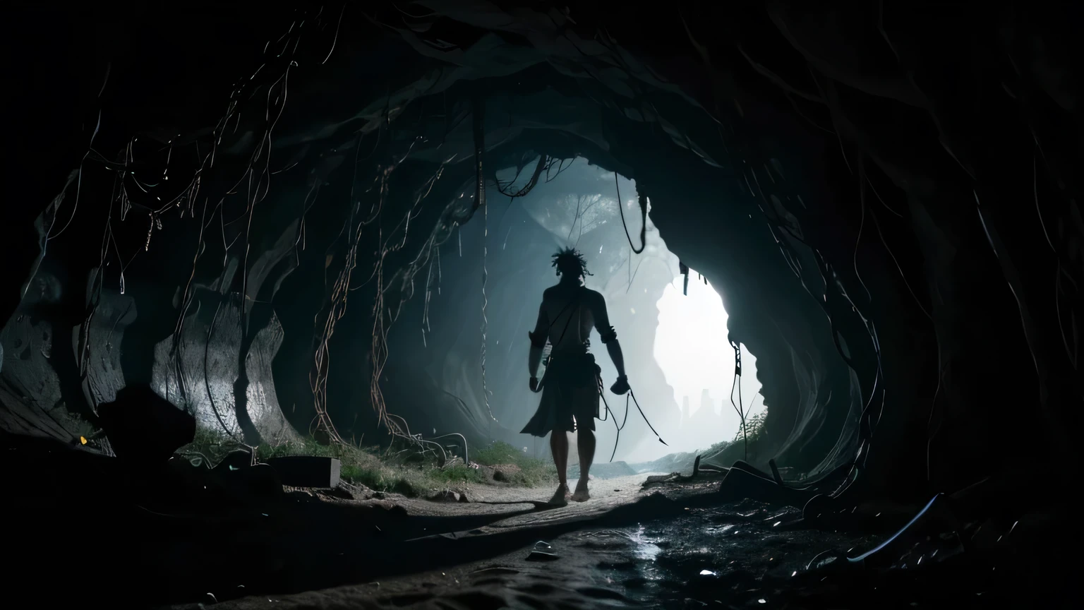 A defiant, emancipated slave exiting a dimly lit cave, with the remains of broken and frayed chains dangling from his arms. This powerful scene is portrayed through high-quality photography, capturing the man's strength and resilience. The view of the man leaving the cave is from inside the cave, walking towards the light outside the cave.