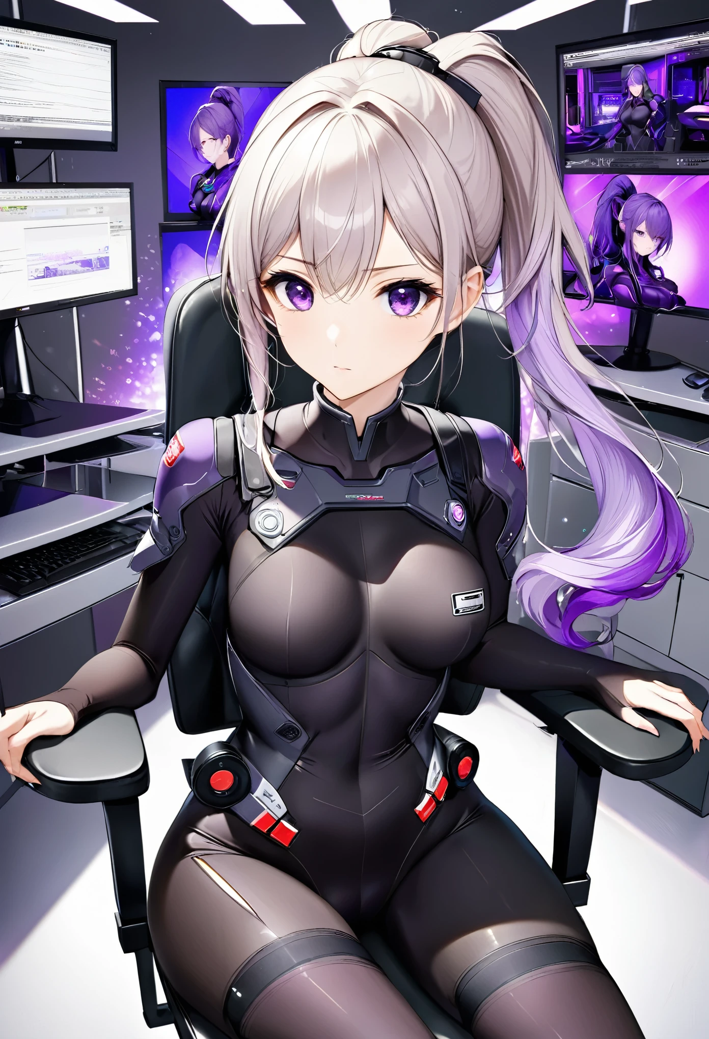 25 year old woman, best quality, super fine, 16k, incredibly absurdres, extremely detailed, delicate and dynamic, (purple eyes), (ponytail with gradient from white to purple at the ends), background yzer room lab, various image effects, bodysuit, soldier, medium breatting, gamer chair