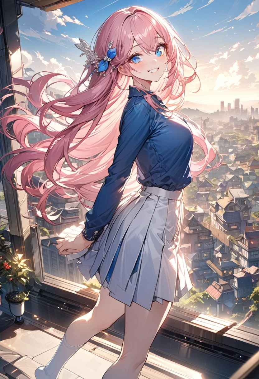 Official Art, masterpiece, Clear focus, (Beautiful, gorgeous and lovely Korean woman:1.3), (Beautiful and cute Korean:1.3), Korean beauty, Exquisite and beautiful hair、Eyes and face, Practical, Extremely detailed, beautiful girl, Blue sky, Glowing white particles, (Side Light:1.2), Sunlight, White Cloud, Detailed clouds, slim, Very cute big and big butt, Smile with teeth bared, ((Smile with your eyes, Open your eyes)), landscape, Long and straight hair, Sexy facial expressions, architecture, (city View:1.7), Dynamic Hair, Long and straight hair, Detailed platinum pink hair, Blue eyes, (Blue Pleated Shirt + White skirt), White socks, Pale skin, Hair accessories, epic landscape,