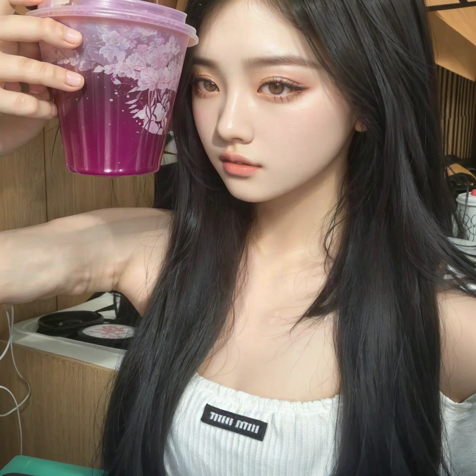 araffe girl with long black hair holding a plastic cup, ulzzang, jaeyeon nam, jinyoung shin, jossi of blackpink, blackpink jennie, with long hair, the hime cut, jisoo of blackpink, jisoo from blackpink, black hime cut hair, asian girl with long hair, korean girl, heonhwa choe, straight hair, roseanne park of blackpink