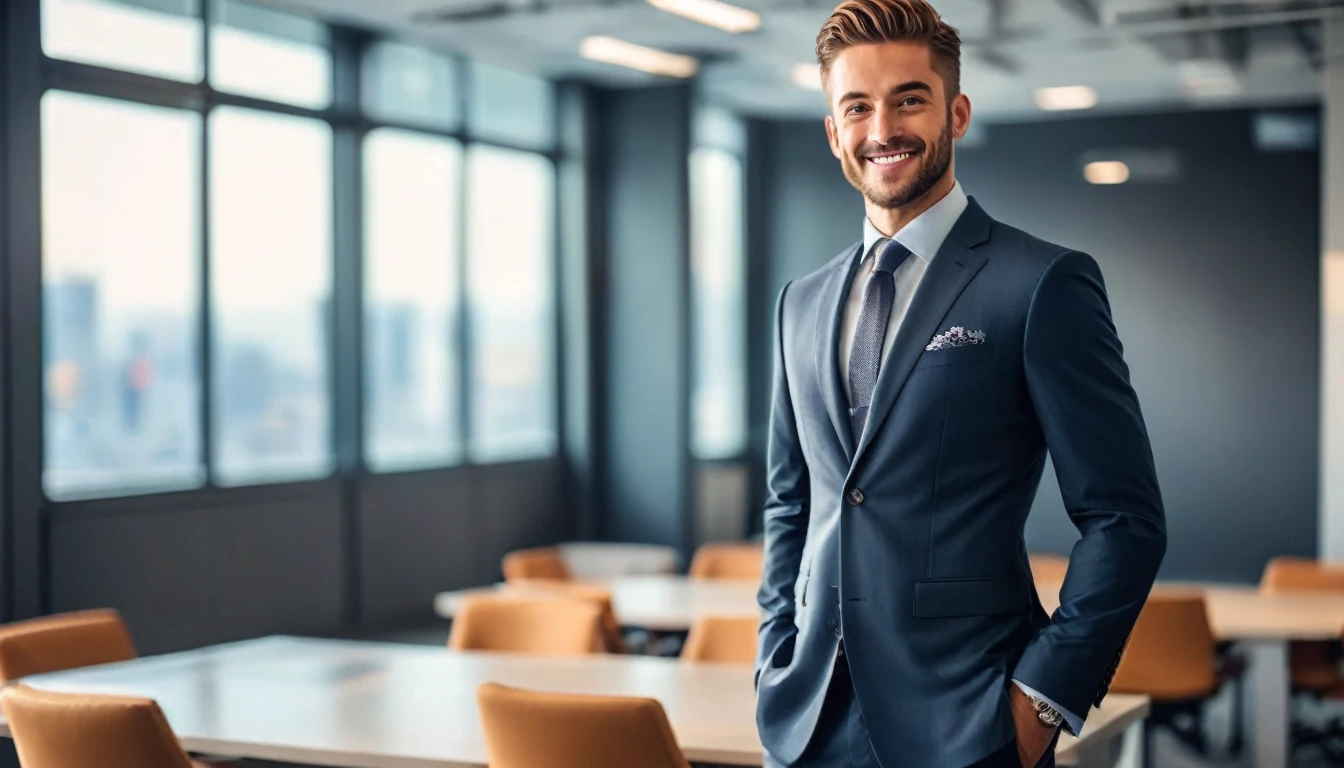 In a minimalist office setting with modern furnishings blurred in motion, creating a beautiful bokeh effect in the background, a confident man stands tall. He is sharply in focus, dressed in a full smart office suit, and has a confident smile on his face. The image is realistic and captured in a wide or ultrawide format, showing a full body view of the man.