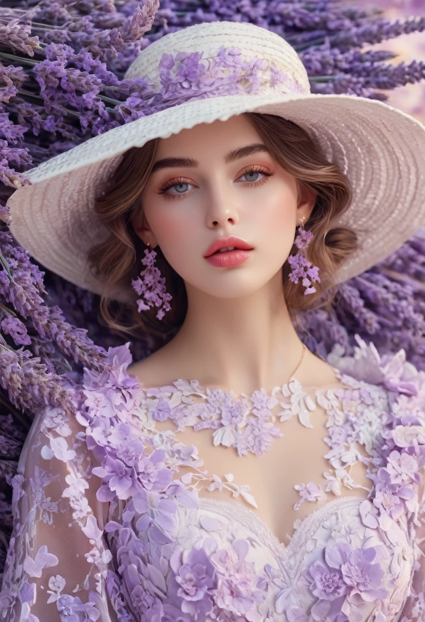 feminine,High detail and quality、8K Ultra HD、3d、Beautiful woman,Fuller lips、lavender,Fashion magazine cover,Seamless patterns、Neutral pastel colors,Mysterious off-white world,Cloth Art、Art Station、A variety of detailed pastel designs combining magic and fantasy、Splash、Wallpaper design aesthetics、White Tone、Realistic、super Realistic、Full color and impressive。