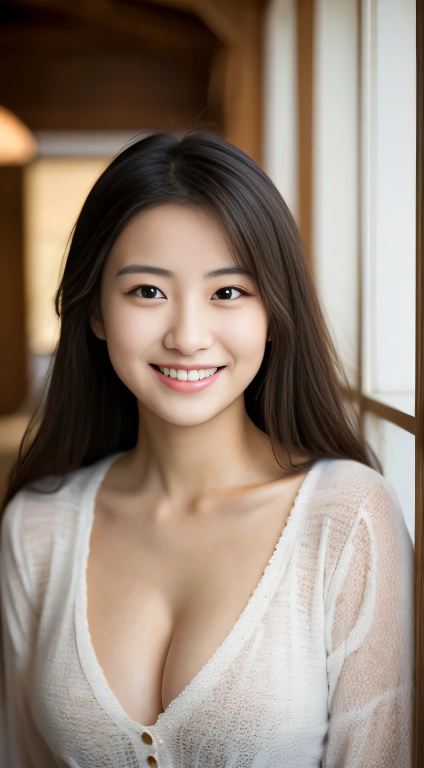 masterpiece,best quality,(Japanese ),((Beautiful girl)),cleavage,indoor,(perfect body beauty:1.2),(shy smile),beautiful teeth,