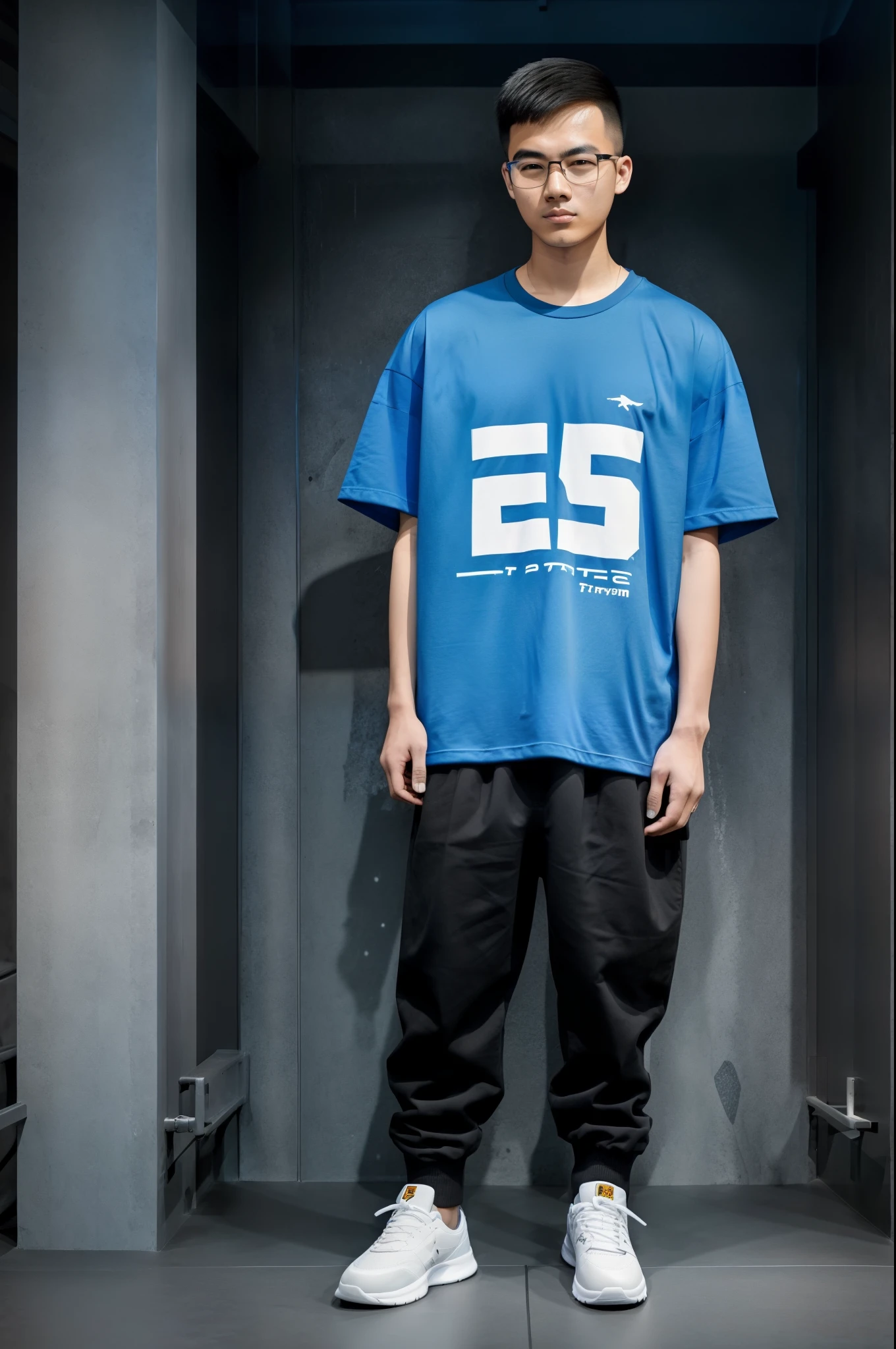 21 year old Beijing boy, he is wearing a oversize xxl blue plain t-shirt, he is wearing black trousers, he is wearing sneakers, he is wearing glasses, city, full body, he is buzz cut Hair, foot, walking