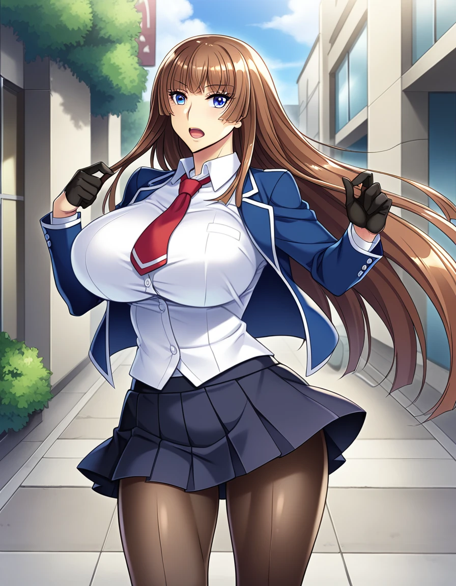 score_9, score_8_up, score_7_up, source_anime, game cg, beautiful detailed eyes, aoi_nagisa_\(metalder\), BREAK solo, 1girl, koukawa asuka, brown hair, long hair, blue eyes, bangs, side bangs, (huge breasts:0.8), medium body, BREAK school_uniform, underbust blue open jacket, white collared blouse, red long necktie, black gloves, black pleated skirt, black pantyhose, BREAK expressionless, open mouth, outside, street, cowboy shot,