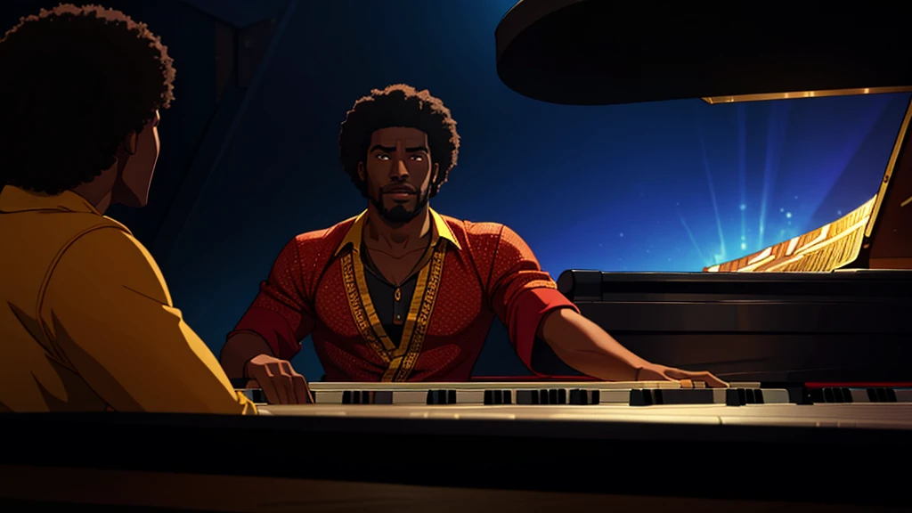 1970s, black man playing a piano, psychedelic atmosphere, cinematic action, masterpiece, super detail, textured skin, atmospheric perspective,