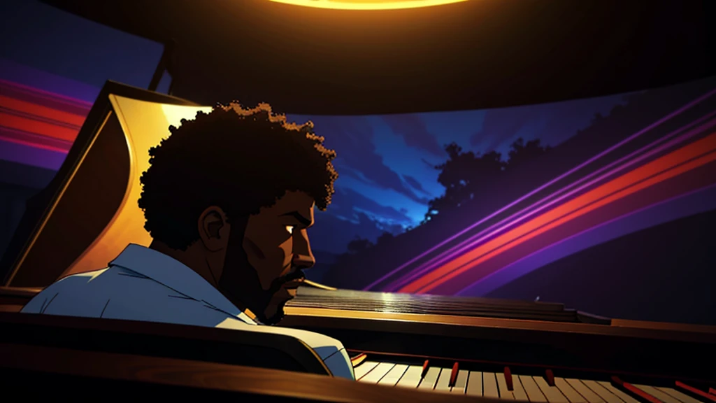 1970s, black man playing a piano, psychedelic atmosphere, cinematic action, masterpiece, super detail, textured skin, atmospheric perspective,