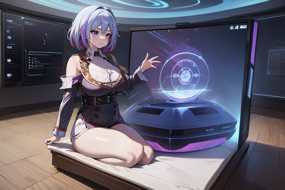 masterpiece, best quality, TopazV4:1.5, 1girl, looking at pc screen, solo, hair ornament, ((holographic interface:1.3)), indoors, spaceship, night, gigantic breasts, string bikini