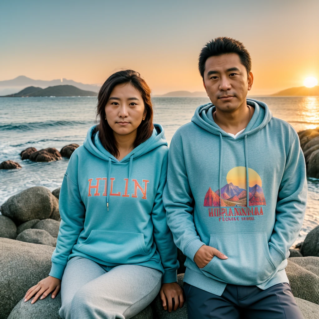 Create an ultra HD full-body photograph of a Japanese couple sitting on a rock on the beach in the morning. The man is wearing a hoodie with the letters 'HLN' and the woman is wearing clothes with the letters 'STR' visible. The background features a morning-time mountain adorned with colorful flora fauna surrounded by animals and greenery. The calm sea reflects the bright colors of the morning sky. Both individuals are looking at the camera with sunlit lighting and auto focus applied.