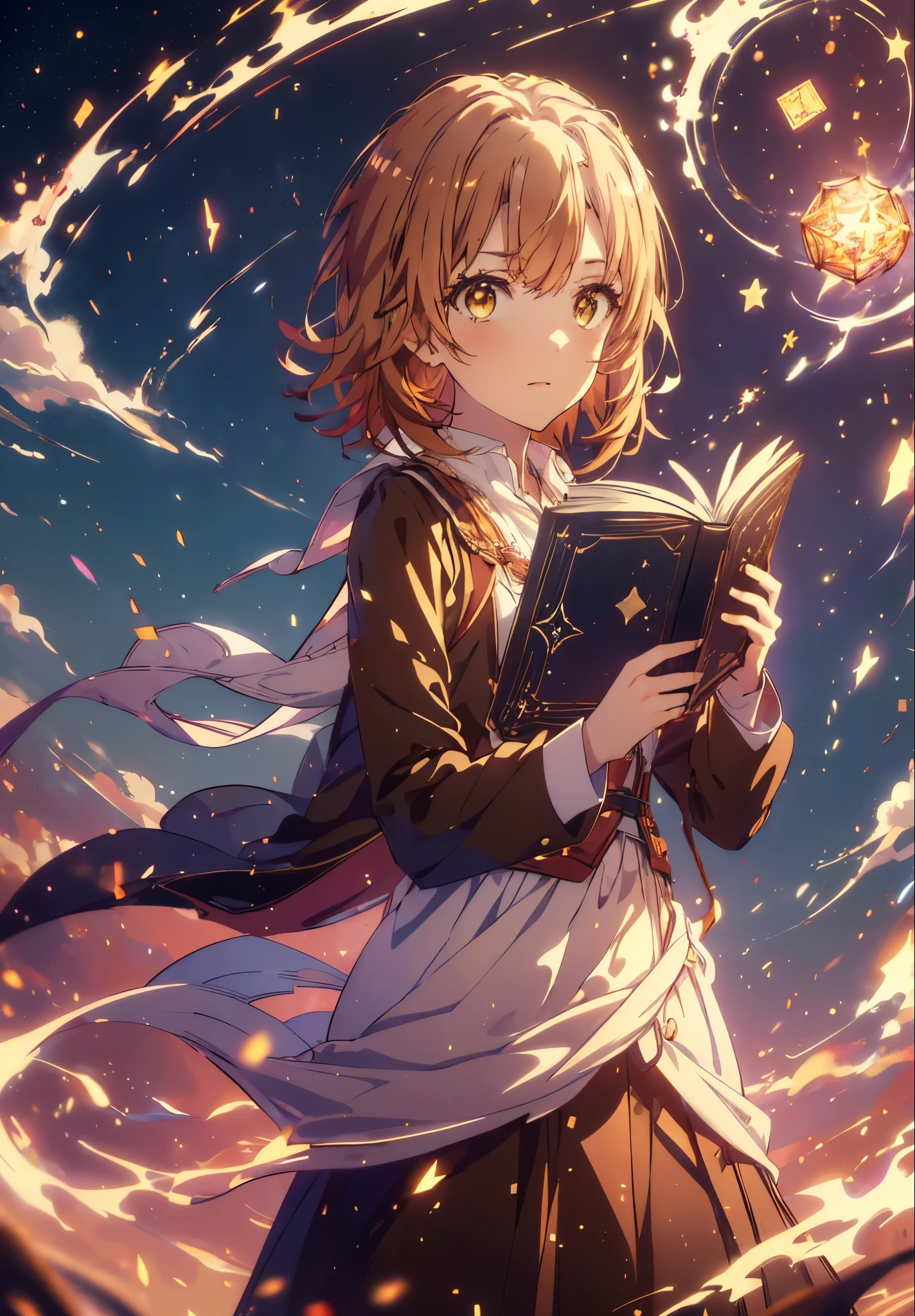 Irohaisshiki, isshiki iroha, Short Hair, Brown Hair, (Brown eyes:1.5), smile,((Night Sky)),((Big full moon)),((Sparkling and colorful stars)),Fluffy hair,((Idol style costume with soft volume)),Long skirt,Holding a magic book in his right hand,Uses magic with left hand,((witch)),Rubik's Square,
break outdoors, forest,forest
break looking at viewer,Upper Body,
break (masterpiece:1.2), Highest quality, High resolution, unity 8k wallpaper, (shape:0.8), (Narrow and beautiful eyes:1.6), Highly detailed face, Perfect lighting, Highly detailed CG, (Perfect hands, Perfect Anatomy),