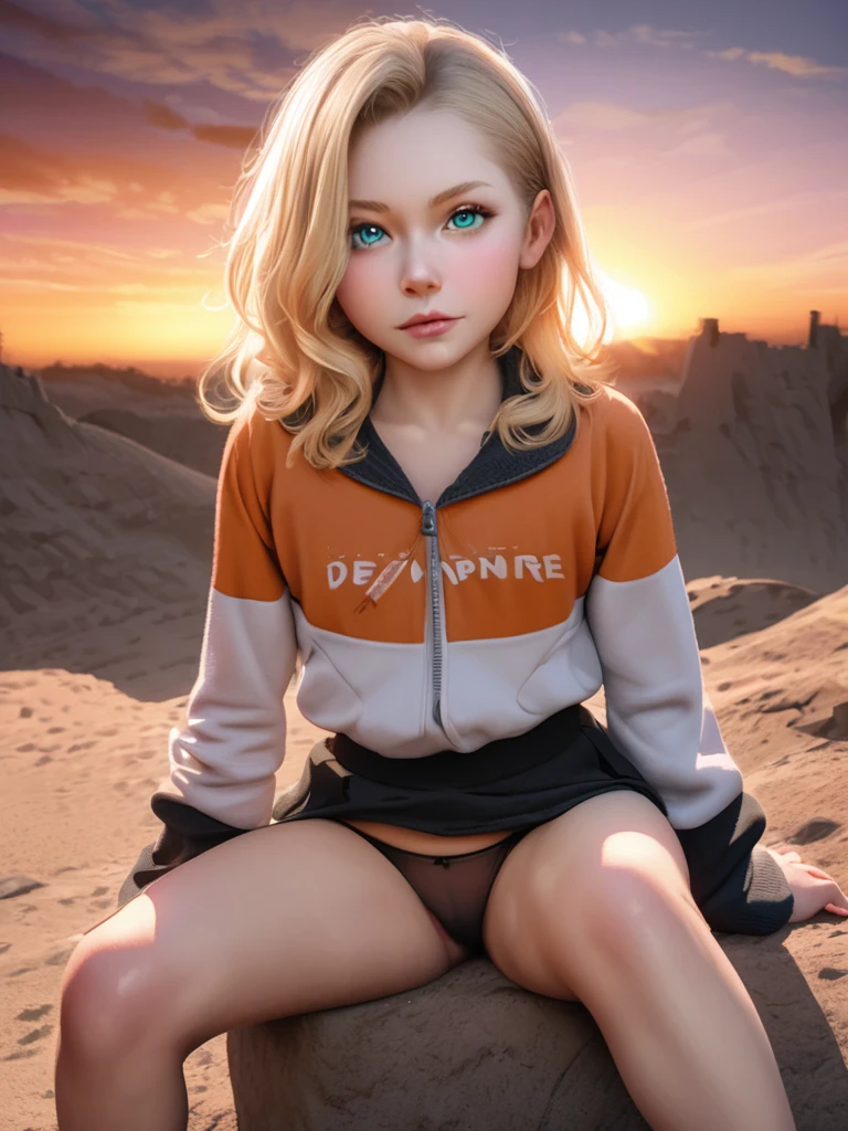 Beautiful 13 year old German girl, entire body in frame, Blue or green eyes, blonde, developer, Mini Dress, sitting, open legs, tight panties, camel toes, Realistic colors, sunrise