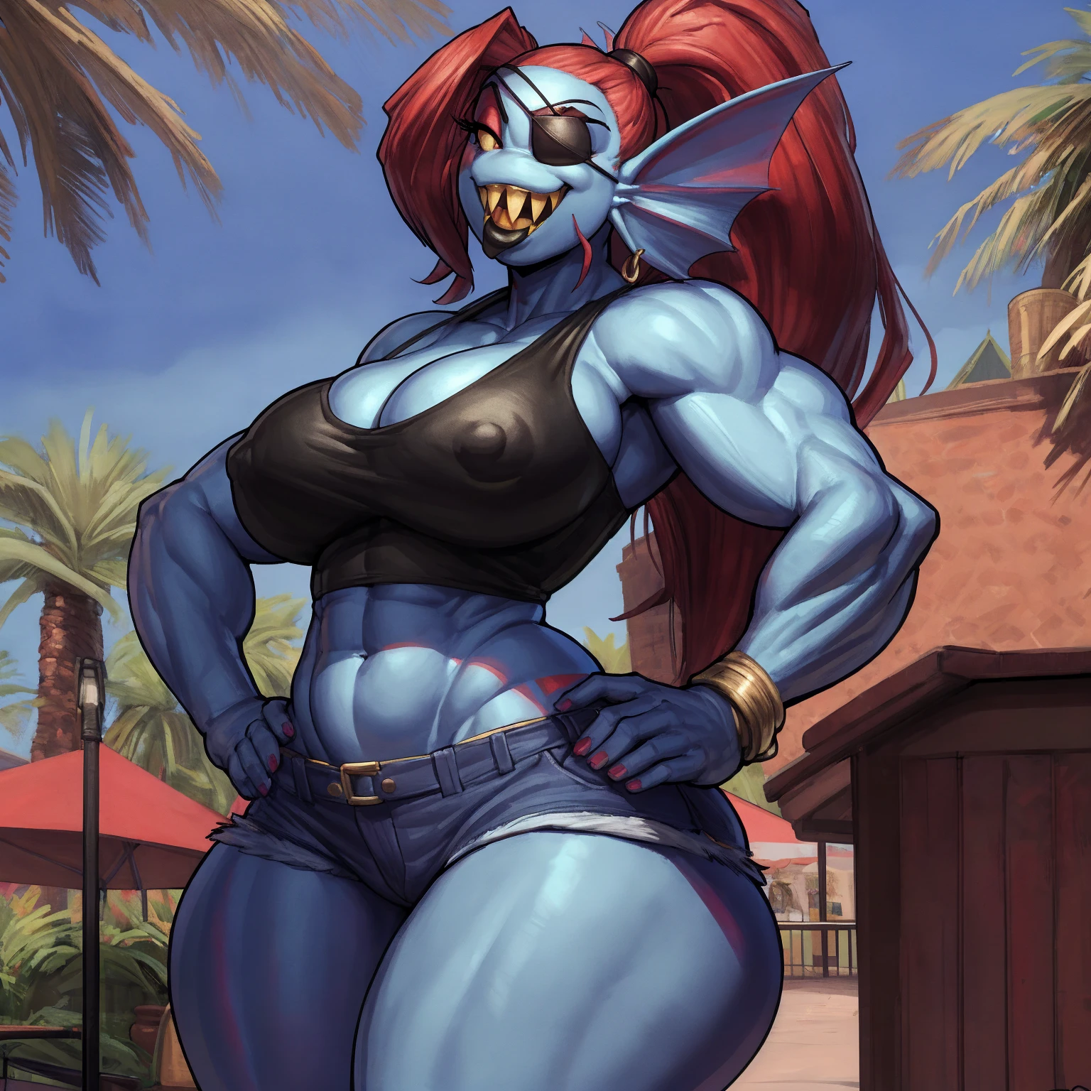 by darkgem, by duase, by boosterpang, by kevinsano, by zaush, solo, 1girl, undyne, blue skin, red hair, huge teeth, yellow teeth, laughing, black eye patch, female, older woman, smooth body, muscular, buff, amazon, bodybuilder, broad shoulders, wide body, wide hips, thick thighs, big arms, heavy breasts, nipple outline, highly detailed eye, milf, tank top, (bare midriff:1.3), cleavage, large areolae, denim cutoffs, visible thong straps, Masterpiece, best quality, absurd res, highly detailed, cleanly drawn eyes, park environment, standing upright, big bottom lip, black lipstick, casual posture, hands on hips,
