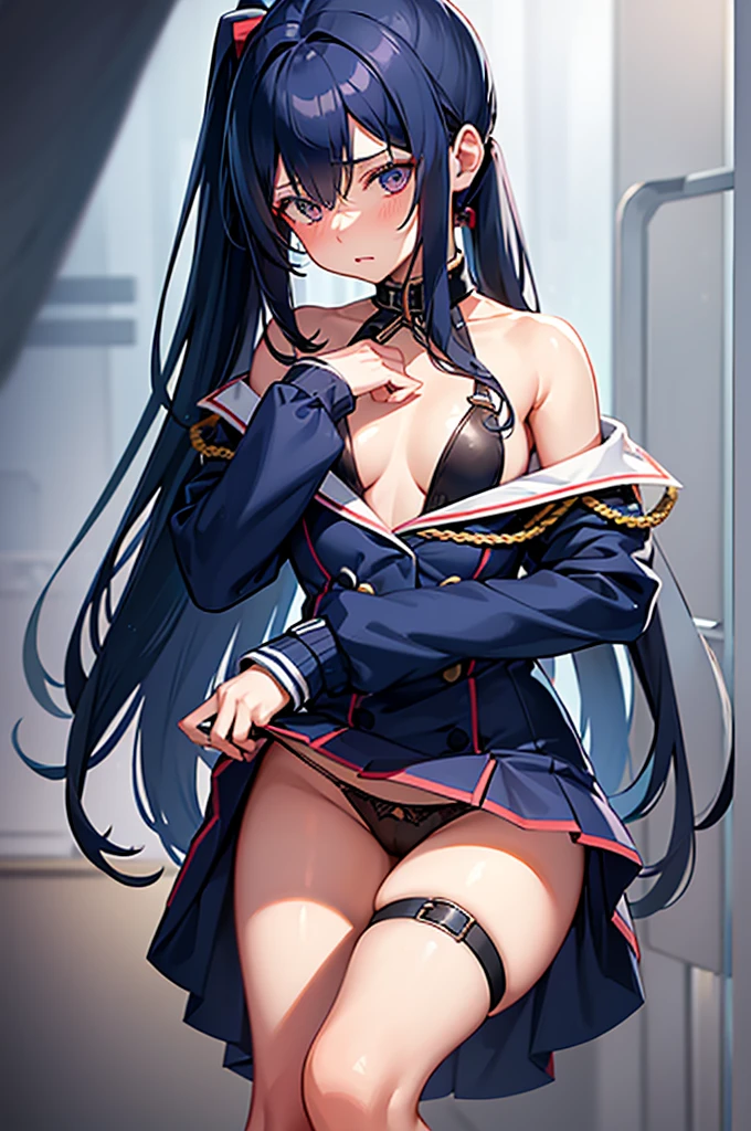 1girl, solo, Laura S. Arseid (long dark blue hair, ponytail and side Bang, small boobs), (inspired by trails of cold steel) in a school dress showing off her panties, in a military school, embarrassed