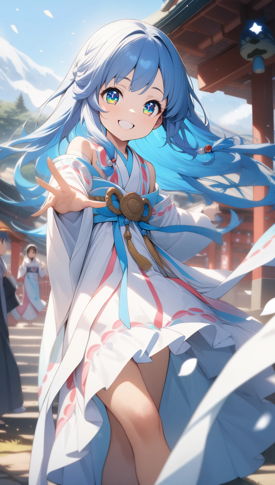 masterpiece, best quality, ultra-detailed, illustration, beautiful detailed eyes, long hair, blue hair, cyan eyes, depth of field, floating white silk, stars in the eyes, smile, shrine maiden, , girl, woman, female, little, , dynamic pose, masterpiece, best quality, ultra-detailed, illustration, beautiful detailed eyes, long hair, blue hair, cyan eyes, depth of field, floating white silk, stars in the eyes, smile, shrine maiden, , girl, woman, female, little, 10 years oldse, masterpiece, best quality, ultra-detailed, illustration, beautiful detailed eyes, long hair, blue hair, cyan eyes, depth of field, floating white silk, stars in the eyes, smile, shrine maiden, , girl, woman, female, little, 10 years old, dynamic po